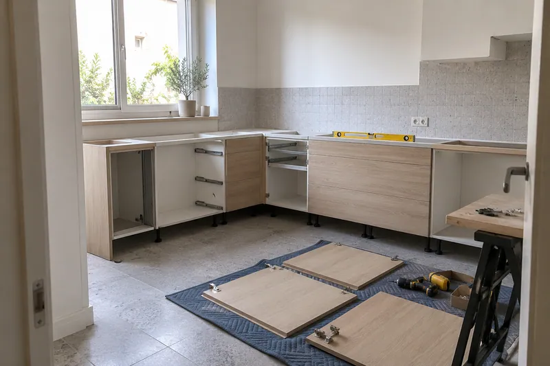 Visualización conceptual IA: Módulos de cocina en montaje con puertas pendientes de colocar.